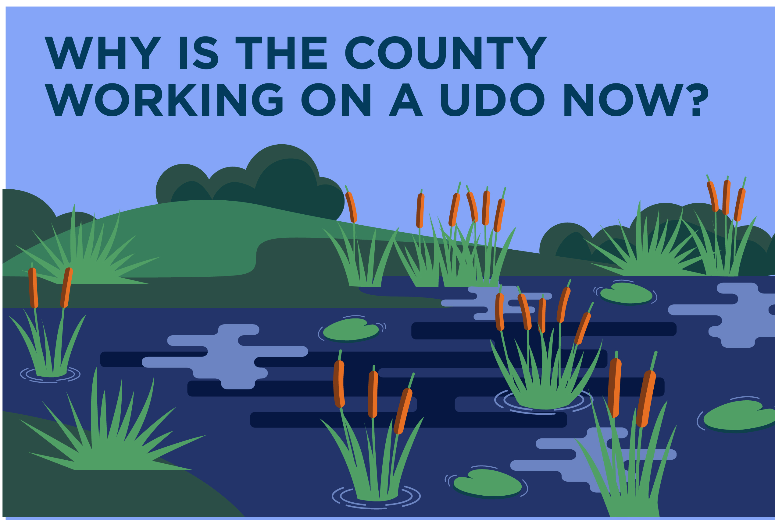 An illustration of a pond with cattail plants and lily pads
