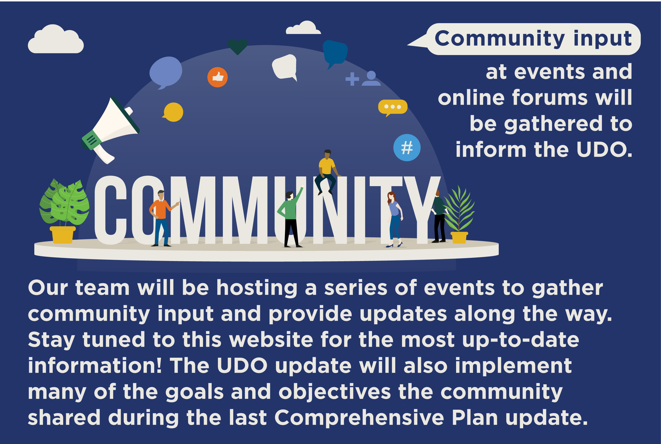 An illustration of people and various icons that represent different elements of a community