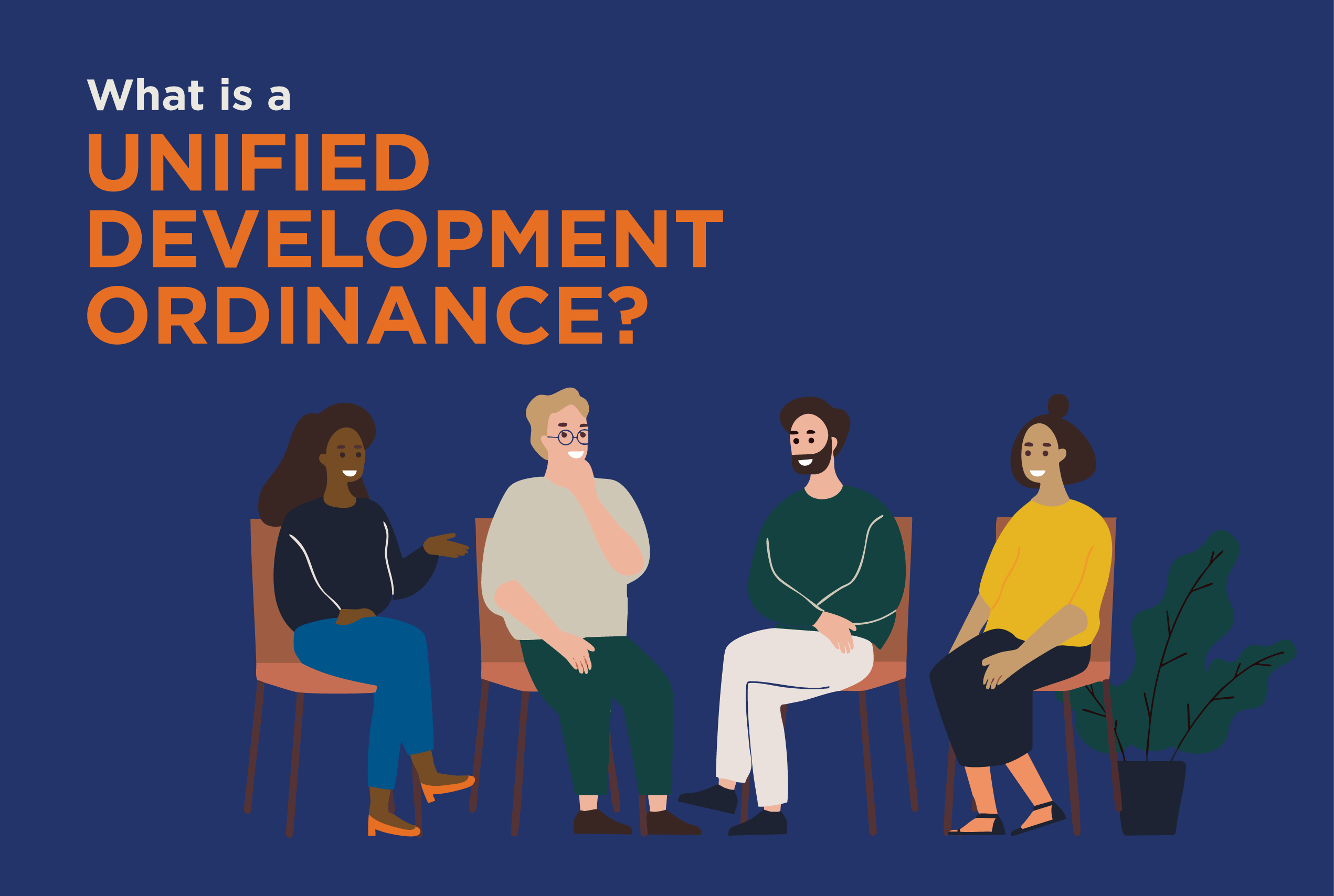 An illustration of 2 women and 2 men sitting in chairs having a discussion while smiling